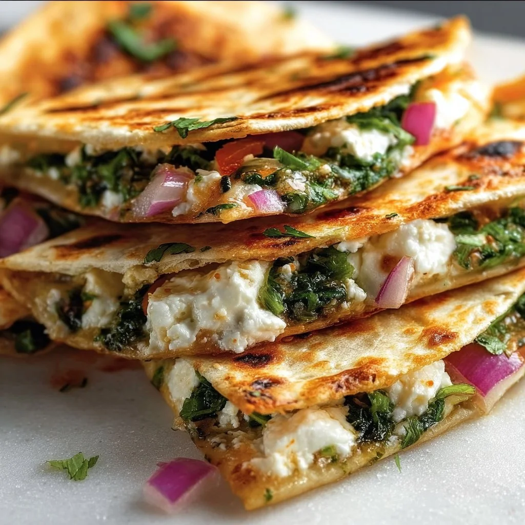 Mediterranean Quesadillas with Spinach, Feta, Mozzarella, and Red Onion