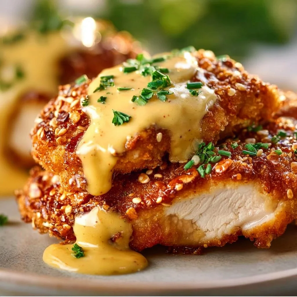 Savory Pretzel Chicken with Mustard-Cheddar Sauce Delight