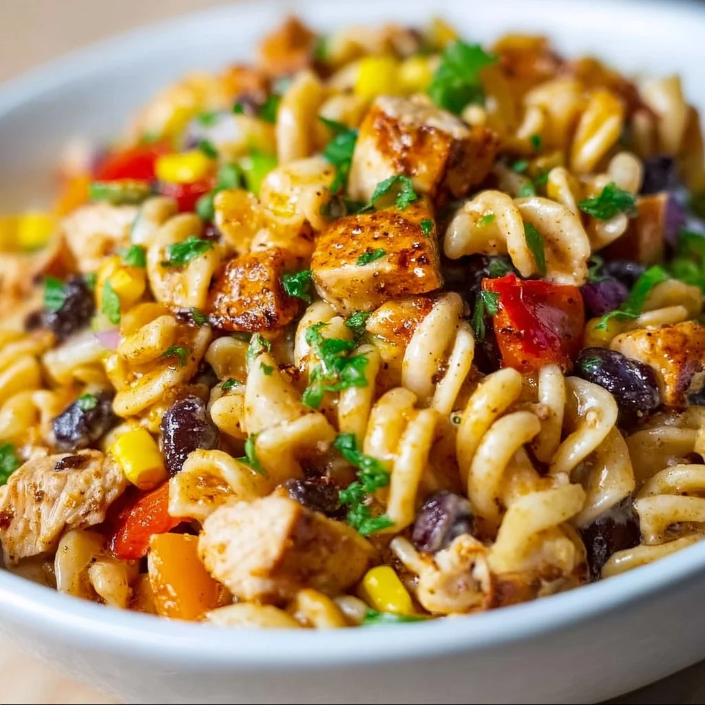 BBQ Chicken Pasta Salad with a rich, yummy BBQ mayonnaise sauce, corn, bell peppers, black beans, and juicy chicken…