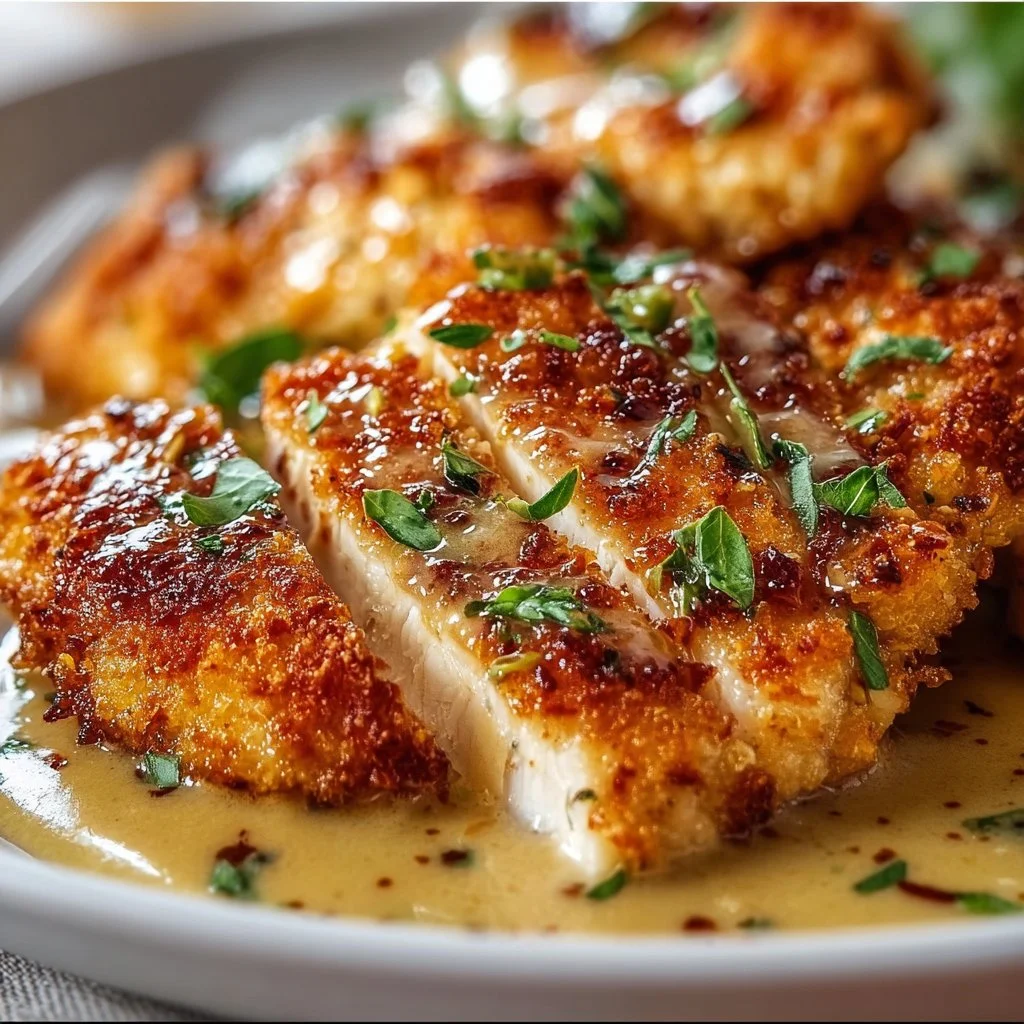Crispy Parmesan Chicken with a Rich Garlic Sauce - Easy Dinner Idea