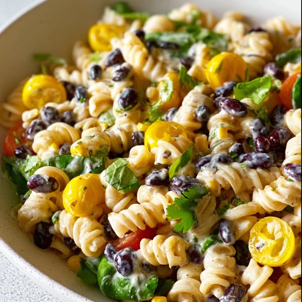Healthy Black Bean and Corn Pasta Salad with Creamy Lime Dressing