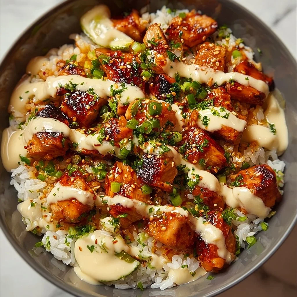 Honey Sriracha Chicken Rice Bowls with Creamy Lime Sauce