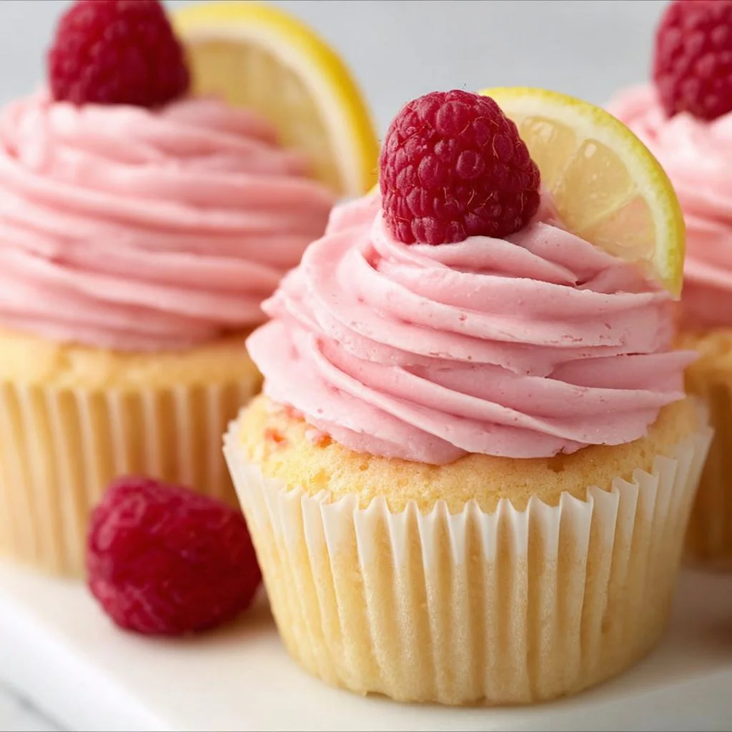 Lemon Cupcakes with Raspberry Buttercream Frosting