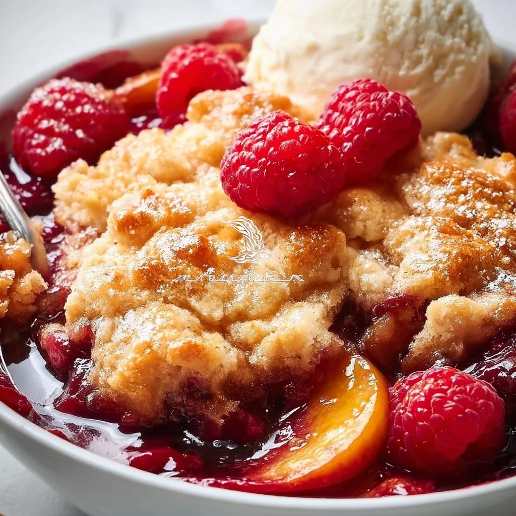 Peach Cobbler with Raspberries
