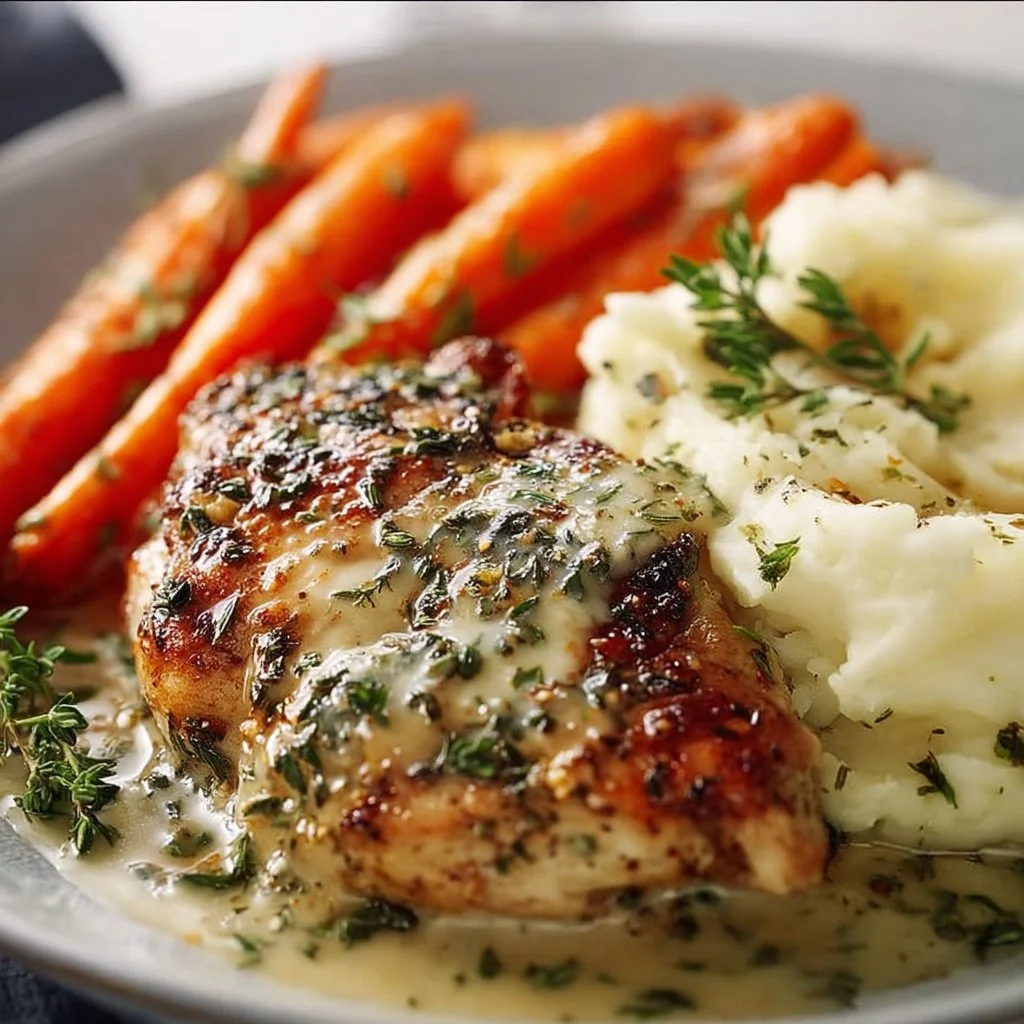 Creamy Herb Chicken with Mashed Potatoes and Honey Glazed Carrots