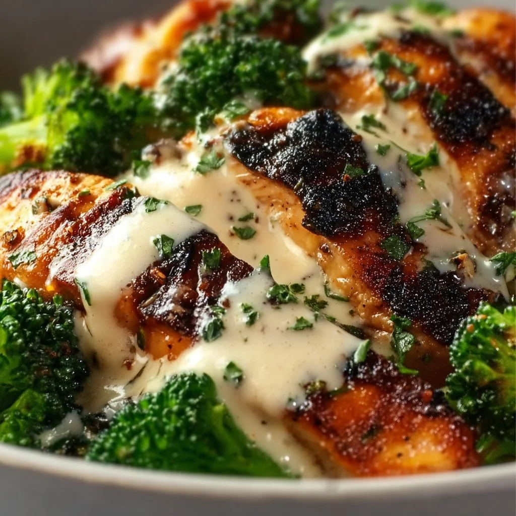 Grilled Chicken & Broccoli Bowls with Creamy Garlic Sauce