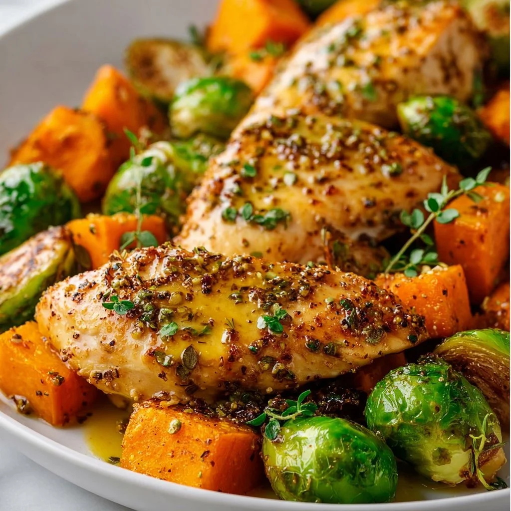 Sheet Pan Honey Dijon Chicken with Sweet Potatoes and Brussels Sprouts